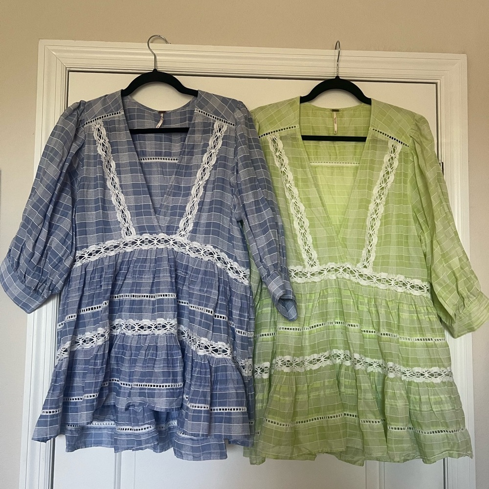 Lot of 2 Free People Time Out plaid babydoll blouses/dresses.